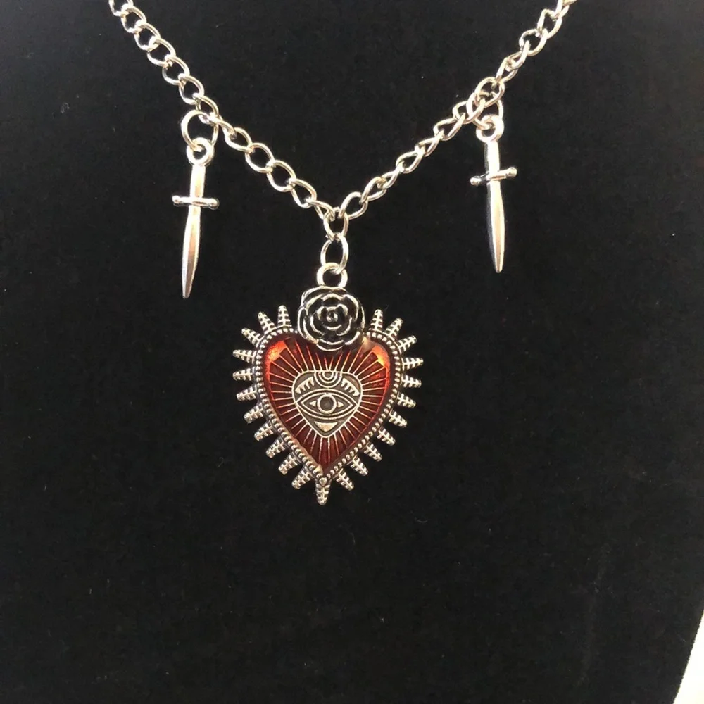 gothic silver-toned choker necklace red heart pendant Devil eye dagger charms. - Picture 9 of 9